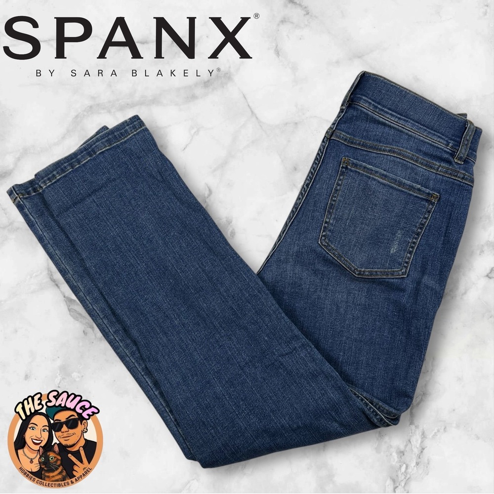 Spanx Ankle Straight Leg Jeans Womens Medium Blue Denim Pull On Shaping Slim